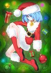  blue_hair box christmas eyepatch face gift highres light_bulb mask ninja_mask nyanafk original short_hair solo surgical_mask 