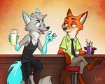  alcohol anthro arm_support artbirchly_(artist) bar beer beverage blue_eyes canine clothing cocktail cyan_ears cyan_markings cyan_tail disney duo eye_contact fan_character fox glass gloves_(marking) leaning_on_elbow looking_at_another mammal markings nick_wilde open_mouth shirt sitting straw tank_top zootopia 