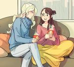  blanket coffee_mug commentary couch cup diana_cavendish hot_drink kagari_atsuko little_witch_academia mug multiple_girls rain sweater ticcy turtleneck turtleneck_sweater 