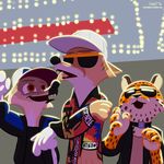  2016 anthro brown_eyes canine cheetah clothed clothing collar disney eyewear fanartiguess fangs feline fox group hat male mammal open_mouth open_smile signature smile sunglasses url wolf zootopia 