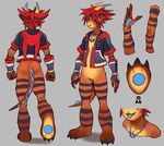  alternate_species armor blue_pawpads blue_tongue bottomless claws clothed clothing cute fur gauntlets gloves hair hoodie horn invalid_tag jewelry kingdom_hearts model_sheet monster monster_sora_(character) necklace orange_fur pawpads red_hair soft sora_(kingdom_hearts) square_enix stripes uzucake video_games 