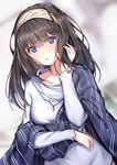  black_hair blue_eyes eyebrows_visible_through_hair hair_between_eyes hairband hand_in_hair idolmaster idolmaster_cinderella_girls jewelry long_hair looking_at_viewer necklace parted_lips sagisawa_fumika solo sparkle striped sunege_(hp0715) sweater upper_body white_hairband white_sweater 