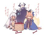  2girls :3 altera_(fate) animal_ears armor bare_shoulders bell bone commentary_request crate dark_skin detached_sleeves eating energy fate/grand_order fate_(series) fox_ears fox_tail full_body_tattoo gameplay_mechanics hair_bell hair_ornament helmet holding horned_helmet king_hassan_(fate/grand_order) long_hair long_sleeves multiple_girls multiple_tails nakatani_nio navel orange_eyes orange_hair red_eyes shoulder_armor sitting spikes tail tamamo_(fate)_(all) tamamo_no_mae_(fate) tattoo veil very_long_hair white_background white_hair wide_sleeves wooden_box 