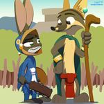  2017 alternate_color anthro aztec barefoot bracelet canine cape clothed clothing club_(weapon) disney duo ear_piercing eye_contact fanartiguess female fox furry_character_wearing_fursuit fursuit green_eyes hand_on_hip holding_object holding_weapon jewelry judy_hopps lagomorph loincloth macuahuitl male mammal melee_weapon nick_wilde outside piercing purple_eyes rabbit shield signature smile staff standing tree url weapon zootopia 