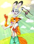  2017 absurd_res anthro beach braless canine clothed clothing dariamorgan disney duo female fox happy hi_res judy_hopps lagomorph male mammal nick_wilde ok_sign on_shoulders one_eye_closed rabbit seaside smile swimsuit topless wink zootopia 