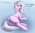  2018 angry animal_genitalia animal_pussy anus blue_eyes butt cutie_mark dark_genitals dialogue earth_pony english_text equine equine_pussy fan_character female feral fur hair heartcall horse looking_at_viewer looking_back lying mammal marukomuru multicolored_hair my_little_pony on_side open_mouth pink_fur pony pussy rear_view simple_background solo text two_tone_hair 