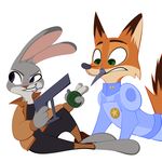  2017 anthro barefoot canine clothed clothing dipstick_ears dipstick_tail disney duo explosives fanartiguess female fox fur green_eyes grenade grin gun handgun hi_res holding_object holding_weapon jacket judy_hopps lagomorph lens_flare looking_back male mammal mouth_hold multicolored_tail nick_wilde object_in_mouth pistol police_uniform purple_eyes rabbit ranged_weapon simple_background smile uniform weapon white_background zootopia 