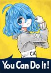  blue_hair eyepatch face gloves highres mask nyanafk original rosie_the_riveter serious short_hair solo sweater we_can_do_it! 