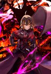  ahoge armor armored_dress bad_id bad_pixiv_id banner black_dress black_legwear blonde_hair chain dress eyebrows_visible_through_hair fate/grand_order fate_(series) gauntlets hair_between_eyes highres holding holding_sword holding_weapon jeanne_d'arc_(alter)_(fate) jeanne_d'arc_(fate)_(all) looking_at_viewer midi_hazapero short_hair solo standing sword thighhighs weapon yellow_eyes 