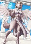  2018 4_toes 5_fingers abs anthro breasts canine day detailed_background digital_media_(artwork) female mammal muscular muscular_female outside pussy smile solo standing toes twinkle-sez wings 