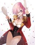  artist_name black-framed_eyewear breasts choker cleavage collarbone fate/grand_order fate_(series) glasses highres holding leotard mash_kyrielight medium_breasts namii neck_ribbon pink_hair purple_eyes red_ribbon ribbon shiny shiny_skin short_hair solo standing white_background 