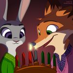  2016 anthro candle canine clothed clothing dipstick_ears disney duo fanartiguess female fire fox green_eyes judy_hopps kwanzaa lagomorph male mammal nick_wilde open_mouth open_smile purple_eyes rabbit signature smile url zootopia 