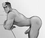  1boy ass bara erection hyakujuu-ou_golion looking_at_viewer male_focus monochrome muscle nude penis presenting smile solo takashi_shirogane voltron voltron:_legendary_defender 