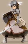  1girl armor boots dress female goma_(mm324) helmet long_hair shield solo sword weapon 