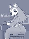  2018 animal_crossing anthro apron big_butt breasts butt clothing dialogue digital_media_(artwork) english_text female hedgehog hi_res looking_at_viewer mammal monochrome naked_apron nintendo pinkcappachino sable_able side_boob sitting solo text video_games 