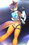  2016 anthro butt clothed clothing cosplay female gun looking_at_viewer machine mammal mikhaila overwatch pussy ranged_weapon simple_background solo tracer_(overwatch) tsampikos union_jack video_games weapon 
