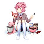  blush book bowl brand_name_imitation chocolate_making chocolate_mold collared_shirt commentary doki_doki_literature_club eyebrows_visible_through_hair hair_ornament hairclip highres jacket kneehighs long_sleeves looking_at_viewer mixer_(cooking) mixing_bowl natsuki_(doki_doki_literature_club) official_art open_mouth pink_eyes pink_hair reading recipe_(object) ribbon satchely school_uniform shirt short_hair sitting sitting_on_floor skirt socks solo spatula twintails valentine white_shirt 