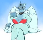  2016 anthro averyshadydolphin big_breasts big_butt big_thighs blue_scales book bra breasts butt cleavage clothed clothing collar crossed_legs dragon dragon_princess_ii eyewear female glasses gradient_background hand_on_hip horn looking_at_viewer scales simple_background sitting solo thick_thighs towergirls underwear voluptuous wings 