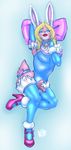 2017 anthro bell blonde_hair blue_collar blue_eyes chastity chastity_cage clothed clothing collar crossdressing digital_drawing_(artwork) digital_media_(artwork) fur girly hair hi_res lagomorph legwear lipstick looking_at_viewer makeup male mammal meshpet multicolored_fur open_mouth penis pillow pink_fur rabbit rael_bunni ribbons rubber seductive shiny simple_background smile solo two_tone_fur white_fur 