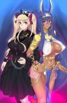  2girls :d absurdres alternate_breast_size animal_ears black_dress blonde_hair bracelet breasts chains dark_skin dress earrings egyptian egyptian_clothes erect_nipples ereshkigal_(fate/grand_order) eye_contact facepaint facial_mark fate/grand_order fate_(series) hairband highres hoop_earrings jackal_ears jewelry large_breasts long_hair long_sleeves looking_at_another low-tied_long_hair midriff mizuumi_(bb) multiple_girls nitocris_(fate/grand_order) open_mouth puffy_nipples purple_eyes purple_hair red_eyes red_ribbon ribbon shiny simple_background skull smile very_long_hair 