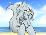  5_fingers anthro avian beach big_breasts bikini bird breasts canine chest_tuft cleavage clothed clothing collar eyebrows female hand_on_hip mammal midriff muscular muscular_female navel outside rakkuguy scar seagull seaside sky solo swimsuit tuft velvela water wolf yellow_eyes 