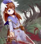  blood blue_eyes brown_hair dual_wielding goma_(mm324) hat monster nature outdoors sword vorpal_rabbit weapon winged_hat 