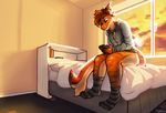  2018 5_fingers anthro autumn_(autumn_sins) autumn_sins bed bedroom blue_eyes bottomless brown_hair clothed clothing cloud countershading ear_piercing fish game_boy hair happy hi_res hoodie industrial_piercing legwear looking_down male marine nintendo partially_clothed piercing scales scalie shark sitting sky smile socks stripes sunset thick_thighs tiger_shark video_games zipper 