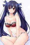  adapted_costume bare_shoulders between_legs black_hair blue_ribbon blush bra breasts cleavage collarbone doria_(5073726) frown hair_ribbon hand_between_legs highres long_hair looking_at_viewer loose_panties medium_breasts navel neptune_(series) noire on_bed panties red_eyes ribbon sitting sitting_on_bed solo string_panties twintails underwear 