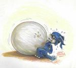  2001 anthro belly big_belly blue_skin digimon handprint inflation male nick_bondra simple_background solo veemon 