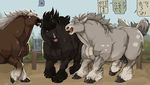  2017 balls black_hair brown_fur equine eyes_closed farm feral fur grey_eyes grey_fur grey_hair group hair happy hooves horse japanese_text male mammal marototori nude open_mouth standing text tongue tongue_out white_hair 