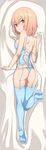  ass back bangs bare_shoulders bed_sheet blue_legwear blue_panties blush breasts brown_eyes camisole closed_mouth dakimakura eyebrows_visible_through_hair feet from_above from_behind full_body garter_straps highres k_jin leg_up looking_back lying no_shoes on_stomach orange_hair original panties shiny shiny_hair shiny_skin short_hair shoulder_blades side-tie_panties sideboob small_breasts smile soles solo thigh_gap thighhighs underwear untied untied_panties 
