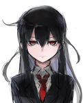  agtt25333 black_hair blazer closed_mouth collared_shirt expressionless eyebrows_visible_through_hair hair_between_eyes hatsushimo_(kantai_collection) highres jacket kantai_collection long_hair looking_at_viewer necktie red_eyes red_neckwear school_uniform shirt simple_background solo upper_body white_background 