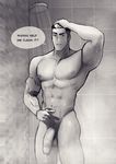  1boy abs bara bathroom body_hair foreskin hyakujuu-ou_golion large_penis looking_at_viewer male_focus muscle nude pecs penis shower smile solo steam takashi_shirogane testicles text voltron voltron:_legendary_defender water wet 