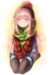 ^_^ absurdres beanie between_legs blush closed_eyes closed_mouth full_body green_scarf hand_between_legs hat highres kagamihara_nadeshiko long_hair long_sleeves low_twintails netamaru no_shoes own_hands_together pantyhose pink_hair scarf shorts sitting smile solo twintails v_arms very_long_hair white_background yurucamp 
