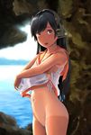  :d bangs bare_arms bare_shoulders black_hair blue_eyes blurry blurry_background blush bottomless cave cowboy_shot crossed_arms day depth_of_field groin headgear highres i-400_(kantai_collection) japanese_flag kantai_collection long_hair looking_at_viewer naked_shirt navel no_pussy ocean one-piece_tan open_mouth orange_sailor_collar outdoors ribbon sailor_collar see-through shiny shiny_hair shirt shirt_lift sleeveless sleeveless_shirt smile solo standing stomach straight_hair swept_bangs tan tanline tareme thighs undressing wa_(genryusui) water_drop wet wet_clothes wet_shirt white_ribbon white_shirt 