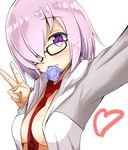  aikawa_ryou bangs between_breasts blush breasts closed_mouth commentary_request condom condom_in_mouth condom_wrapper eyebrows_visible_through_hair fate/grand_order fate_(series) glasses hair_over_one_eye heart hood hoodie large_breasts lavender_hair looking_at_viewer mash_kyrielight mouth_hold naked_hoodie necktie necktie_between_breasts no_bra purple_eyes purple_hair reaching_out self_shot short_hair simple_background smile solo upper_body v white_background 