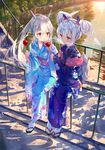  absurdres animal_ears ayanami_(azur_lane) azur_lane bangs black_footwear blue_kimono blush bow breasts breath bunny_ears candy_apple commentary_request covering_mouth daitai_sotogawa_(futomomo) double_bun expressionless eyebrows_visible_through_hair falling_leaves fingernails floral_print food full_body hair_between_eyes hair_bow hair_ornament hairclip hand_to_own_mouth headgear highres holding holding_food japanese_clothes kimono laffey_(azur_lane) leaf long_hair long_sleeves looking_at_another multiple_girls new_year obi obijime outdoors parted_lips petals pink_bow ponytail print_kimono purple_kimono railing red_eyes river sash side_bun silver_hair sitting sitting_on_railing small_breasts socks stairs stone_stairs tabi very_long_hair water white_footwear wide_sleeves zouri 