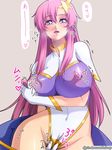  1girl artist_name blue_eyes breasts covered_navel erect_nipples gundam_seed gundam_seed_destiny large_breasts leotard long_hair looking_at_viewer meer_campbell naughty_face open_mouth pink_hair simple_background star text thighs white_background 
