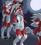  2017 3_toes anthro black_nose canine claws clothing costume digital_drawing_(artwork) digital_media_(artwork) forest_(laterios) fox fur fursuit gloves hi_res hypnosis lycanroc male mammal markings midnight_lycanroc mind_control moon nearu-senpai nintendo open_mouth outside pink_eyes pok&eacute;mon pok&eacute;mon_(species) red_fur smile spiral spiral_eyes standing teeth toes tongue tongue_out transformation video_games white_fur 