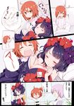  ahoge bare_shoulders bed_sheet bite_mark blush breasts chaldea_uniform chopsticks cleavage closed_eyes comic fate/grand_order fate_(series) food fujimaru_ritsuka_(female) hair_ornament japanese_clothes katsushika_hokusai_(fate/grand_order) kengorou_saemon_ii_sei kimono long_hair mash_kyrielight multiple_girls one_eye_closed one_side_up open_mouth orange_eyes orange_hair outstretched_arms pajamas purple_eyes purple_hair short_hair sleeping translated uniform 