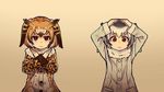  :| arms_up bangs black_hair blonde_hair buttons closed_mouth coat empty_eyes eurasian_eagle_owl_(kemono_friends) eyebrows eyebrows_visible_through_hair fur_collar gradient gradient_background grey_coat hair_between_eyes kemono_friends long_sleeves looking_at_viewer multicolored multicolored_clothes multicolored_coat multicolored_hair multiple_girls northern_white-faced_owl_(kemono_friends) o_arms orange_eyes orange_hair ouka_(yama) pocket short_hair sleeve_cuffs upper_body white_hair x_arms 