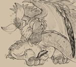  &lt;3 2018 anthro anus butt capcom claws clothing daftpatriot drooling facesitting hat horn human human_on_anthro interspecies looking_at_partner looking_back lying male male/male mammal monochrome monster_hunter nergigante nude on_back pawpads paws presenting presenting_anus raised_tail saliva scalie simple_background sitting size_difference video_games white_background wings 