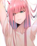  :3 armpits bangs blue_eyes blunt_bangs blurry closed_mouth collarbone darling_in_the_franxx depth_of_field downscaled half-closed_eyes hizuki_akira horns lips long_hair md5_mismatch nude pink_hair resized simple_background smile solo upper_body white_background zero_two_(darling_in_the_franxx) 