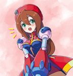  android bad_id bad_pixiv_id beret blush breasts brown_hair capcom cowboy_shot dress green_eyes hair_between_eyes hat highres iris_(rockman_x) long_hair looking_at_viewer looking_to_the_side medium_breasts open_mouth red_hat rockman rockman_x rockman_x4 solo sumomo teeth 
