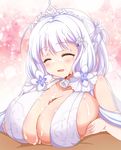  1boy 1girl afuro azur_lane bare_shoulders blush breast_squeeze breasts cleavage collarbone cum cum_on_breasts dress elbow_gloves eyes_closed facial gloves hair_ornament hetero huge_breasts illustrious_(azur_lane) long_hair paizuri penis ring shiny shiny_skin solo_focus tiara white_gloves white_hair 