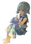  1girl absurdres bare_shoulders barefoot black_eyes black_swimsuit blue_eyes blue_hair blue_pants blue_sailor_collar capri_pants eye_contact feet female full_body hair_ornament hairband highres matching_hair/eyes one-piece_swimsuit open_mouth pants pokemon pokemon_(creature) pokemon_sm popplio sailor_collar shirt short_hair simple_background sitting sleeveless sleeveless_shirt smile suiren_(pokemon) swimsuit swimsuit_under_clothes white_background white_shirt yomiclone 