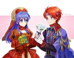  1girl 2900cm blue_eyes blue_hair blush cape closed_eyes couple dress fire_emblem fire_emblem:_fuuin_no_tsurugi fire_emblem_heroes gift gloves hat hetero jewelry lilina long_hair open_mouth red_hair roy_(fire_emblem) short_hair simple_background smile 