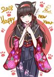  2018 :d absurdres animal_ears arrow bangs bell black_hakama blunt_bangs blush capelet checkered cowboy_shot dog_ears eyebrows_visible_through_hair floral_print green_eyes hair_ornament hairband hakama hamaya happy_new_year highres japanese_clothes jingle_bell kaya_(yoshina9) kemonomimi_mode kimono kurosawa_dia long_hair long_sleeves looking_at_viewer love_live! love_live!_sunshine!! mole mole_under_mouth navel new_year open_mouth own_hands_together paw_background pom_pom_(clothes) red_hairband red_ribbon ribbon rose_print round_teeth signature smile solo standing straight_hair teeth wide_sleeves 