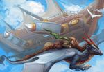  2012 aircraft airship alradeck brown_hair claws clothed clothing detailed_background digital_media_(artwork) dragon duo feral flying hair holding_object human male mammal scalie smile tan_hair western_dragon 