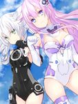  bare_shoulders black_leotard black_sister blancpig_yryr blue_eyes breasts cleavage cloud cloudy_sky covered_navel cowboy_shot day drill_hair elbow_gloves fist_bump gloves green_eyes hair_ornament leotard long_hair medium_breasts multiple_girls nepgear neptune_(series) outdoors pink_hair power_symbol purple_sister silver_hair skin_tight sky small_breasts smile symbol-shaped_pupils thighhighs twin_drills twintails uni_(choujigen_game_neptune) white_leotard 